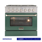 Kucht - 36 po Série KDF Cuisinière Pro Style au gaz propane - Acier inoxydable/Vert-La cuisinière à gaz à 6 brûleurs comprend un brûleur double de 20 000 BTU avec mode mijotage, un brûleur de 15 000 BTU, un brûleur de 12 000 BTU, deux brûleurs de 9 000 BTU et un brûleur de 6 000 BTU