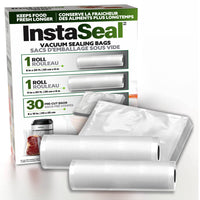 Instaseal - Ensemble de sacs sous vide pour aliments - 2 rouleaux et 30 sacs prédécoupés-Ensemble complet pour un stockage polyvalent : comprend 30 sacs prédécoupés (8" x 10"), un rouleau de 8" x 20' et un rouleau de 11" x 20', offrant une flexibilité pour divers besoins de stockage des aliments.