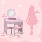 Qaba - Coiffeuse pour enfants avec miroir et tabouret - Rose-Table Dimensions: 27.6" L x 15.7" W x 38.6" H (70L x 40W x 98H cm) 