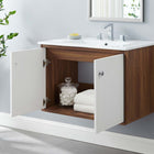 Modway - Transmit 30" Vanité de salle de bain murale - Blanc noyer-Bassin d’évier en céramique
