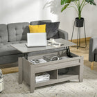 HOMCOM - Table basse relevable avec rangement caché et étagères ouvertes - gris clair-Le plateau spacieux et relevable crée une zone de travail confortable