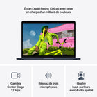 Apple - MacBook Air 13 po - M5 - 10 coeurs - 512 Go SSD - Mémoire unifiée 16 Go - Minuit-Caméra Center Stage 12 MPX - Pendant vos appels vidéo, restez automatiquement au milieu de l’image avec Cadrage centré ou utilisez Vue du bureau pour partager un plan en plongée de votre espace de travail. Et profitez d’un son incroyable grâce à un réseau de trois micros et un système à quatre haut-parleurs avec Audio spatial et Dolby Atmos