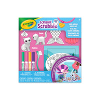 Crayola - Ensemble Bal des chats-sirènes Scribble Scrubbie-Ensemble de jeu bal des chats-sirènes scribble scrubbie : comprend 2 adorables chats à colorier (Fatima et Sean), 2 queues de sirène en tissu, 1 bandeau étoile de mer, 1 tapis de jeu marin, 1 coquillage de toilettage, 3 marqueurs lavables, 1 brosse, 2 paysages et 1 feuille d'instructions