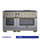 Kucht - 60 po Série KXP Cuisinière double énergie Propane - Acier inoxydable/Or-Cuisinez et faites cuire comme un professionnel grâce à deux fours distincts avec grandes fenêtres : le principal est un four robuste en porcelaine bleue de 5,2 pi³ et le four latéral supplémentaire offre 3,3 pi³