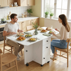 HOMCOM - Table à manger pliante à roulettes avec abattant, tiroirs et armoire de rangement pour 4-6 personnes - blanc marbré-Deux plateaux latéraux se relèvent pour accueillir jusqu'à six personnes 