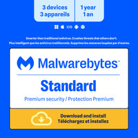 Malwarebytes Standard Premium Security Bilingue - 3 appareils - Abonnement d'un an [Téléchargement]-Une adresse e-mail valide doit être fournie lors du paiement