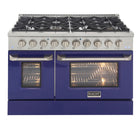 Kucht - 48 po Série KDF Cuisinière Pro Style au gaz naturel - Acier inoxydable/Bleu-Cuisinez et pâtissez comme un professionnel grâce à deux fours séparés avec grandes fenêtres de four : le four principal en porcelaine bleue robuste offre 4,2 pi³ de capacité, tandis que le four latéral additionnel dispose de 2,5 pi³