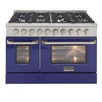 Kucht - 48 po Série KDF Cuisinière Pro Style au gaz naturel - Acier inoxydable/Bleu-Cuisinez et pâtissez comme un professionnel grâce à deux fours séparés avec grandes fenêtres de four : le four principal en porcelaine bleue robuste offre 4,2 pi³ de capacité, tandis que le four latéral additionnel dispose de 2,5 pi³