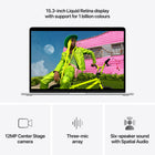 Apple - MacBook Air 15 po - M5 - 10 coeurs - 512 Go SSD - Mémoire unifiée 16 Go - Argent-Caméra Center Stage 12 MPX - Pendant vos appels vidéo, restez automatiquement au milieu de l’image avec Cadrage centré ou utilisez Vue du bureau pour partager un plan en plongée de votre espace de travail. Et profitez d’un son incroyable grâce à un réseau de trois micros et un système à six haut-parleurs avec Audio spatial et Dolby Atmos