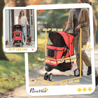 PawHut - Poussette de luxe à 3 roues pour animaux avec frein, auvent, porte-gobelets, rouge-Fenêtres en maille respirante pour garder les animaux au frais et à l’aise 