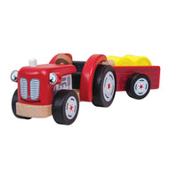 Bigjigs Toys - Ensemble de jeu tracteur et remorque-Un joli tracteur de style rétro avec une remorque pivotante et 2 balles de foin en feutre