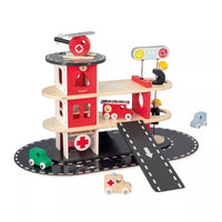 Janod - Coffret de jouets pour caserne de pompiers-Caserne de pompiers en bois avec 2 pompiers, un hélicoptère et 4 véhicules.