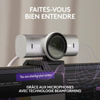 Logitech - MX Brio webcam 4K Ultra HD - 1080p à 60 IPS - Gris pâle-Faites-vous parfaitement entendre: les 2 micros intégrés avec technologie Beamforming et réduction du bruit minimisent les bruits de fond grâce à l’IA pour vous assurer d’être clairement entendu