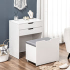 HOMCOM - Coiffeuse avec miroir rabattable et tabouret rembourré - 23,6 po L x 15,7 po l x 44,9 po H - blanc-Le tabouret possède des roulettes en dessous pour faciliter le déplacement 