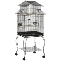 PawHut - Grande cage à oiseaux 53 po H avec support roulant amovible, étagère de rangement - noir-Une grande porte avant et deux portes pour la nourriture pour un accès facile 