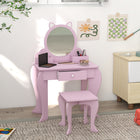 Qaba - Table de maquillage pour enfants avec miroir et tabouret, motif chat - rose-Un design de chat mignon qui égayera n'importe quelle pièce  
