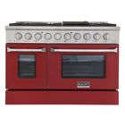 Kucht - 48 po Série KNG Cuisinière Pro Style au gaz naturel - Acier inoxydable/Rouge-Cuisinez et pâtissez comme un professionnel grâce à deux fours séparés dotés de larges vitres. Le four principal est un four robuste en porcelaine bleue d’une capacité de 4,2 pi³, tandis que le four latéral supplémentaire offre une capacité de 2,5 pi³