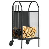 Outsunny - Support à bûches 15 po avec roues- outils- Porte-bûches noir-Garde le bois propre, sec, hors du sol et sans désordre 