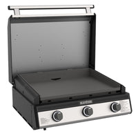 Blackstone - 28 po Plaque de cuisson encastrable 3 brûleurs avec capot et configuration prête pour propane-Technologie de plaque de cuisson Omnivore : Préchauffage et récupération plus rapides, répartition uniforme de la chaleur, efficacité énergétique accrue nécessitant moins de BTU pour atteindre des températures optimales, et pare-vent intégrés pour garder l’air chaud à l’intérieur et l’air froid à l’extérieur