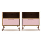 Manhattan Comfort - Rockefeller Table de Nuit 1 Tiroir Style Mid-Century Modern 51 cm - Naturel et Rose Poudré - Lot de 2-Table de chevet 2 pièces style milieu du siècle pour chambre et salon