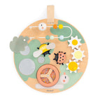 Janod - Doux Cocon - Tableau d'activités-Tableau d'activités en bois avec des éléments sur le thème des animaux du jardin.