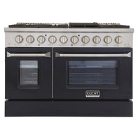 Kucht - 48 po Série KNG Cuisinière Pro Style au gaz propane - Acier inoxydable/Noir-Cuisinez et pâtissez comme un professionnel grâce à deux fours séparés dotés de larges vitres. Le four principal est un four robuste en porcelaine bleue d’une capacité de 4,2 pi³, tandis que le four latéral supplémentaire offre une capacité de 2,5 pi³