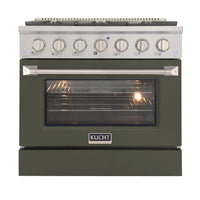 Kucht - 36 po Série KNG Cuisinière Pro Style au gaz naturel - Acier inoxydable/Vert olive-Cuisez et pâtissez comme un pro grâce au four à convection extra-grand offrant une capacité de 4,2 pi³, une configuration à cinq grilles et une vaste fenêtre d’observation
