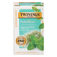 Twinings - Sachets de tisane Supermélanges Probiotiques+ Menthe poivrée et fenouil - paquet de 18-Mélangée avec de la menthe poivrée, de la menthe verte, un arôme naturel de menthe poivrée et des graines de fenouil pour une expérience rafraîchissante et apaisante
