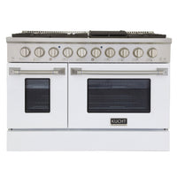 Kucht - 48 po Série KNG Cuisinière Pro Style au gaz naturel - Acier inoxydable/Blanc-Cuisinez et pâtissez comme un professionnel grâce à deux fours séparés dotés de larges vitres. Le four principal est un four robuste en porcelaine bleue d’une capacité de 4,2 pi³, tandis que le four latéral supplémentaire offre une capacité de 2,5 pi³