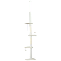 PawHut - Arbre à chat du sol au plafond 88,5 po-100,5 po avec poteaux à griffer - blanc crème-La hauteur varie de 88,6 po (225 cm) à 100,4 po (255 cm) avec la barre de tension 