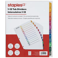 Staples - Intercalaires pré-imprimés - 1-12 - Couleur-Les intercalaires sont numérotés de 1 à 12 pour une meilleure organisation des documents