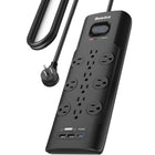 Huntkey - Parasurtenseur multiprise avec 12 prises et 3 ports USB (2 USB-A et 1 USB-C à charge rapide 20 W), cordon de 6 pi avec fiche plate - noir-Évalué à 3480 Joules, ce parasurtenseur offre une défense de force industrielle contre la foudre et les surtensions, protégeant les ordinateurs haut de gamme, les téléviseurs et les consoles de jeux.
