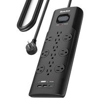 Huntkey - Parasurtenseur multiprise avec 12 prises et 3 ports USB (2 USB-A et 1 USB-C à charge rapide 20 W), cordon de 6 pi avec fiche plate - noir-Évalué à 3480 Joules, ce parasurtenseur offre une défense de force industrielle contre la foudre et les surtensions, protégeant les ordinateurs haut de gamme, les téléviseurs et les consoles de jeux.