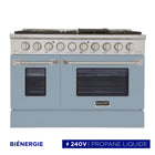 Kucht - 48 po Série KDF Cuisinière Pro Style à double combustible - Acier inoxydable/Bleu pâle-Cuisinière de classe professionnelle dotée de 2 brûleurs doubles de 20000 BTU avec fonction mijotage, 2 brûleurs de 12000 BTU, 2 brûleurs de 9000 BTU et 2 brûleurs de 6000 BTU