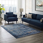 Modway - Minu Treillis floral vieilli Tapis 4 pi l x 6 pi L - Bleu foncé, jaune et orange-Tissage serré à poil bas