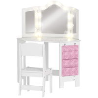 Qaba - Table de maquillage et chaise pour enfants avec lumières et miroir triple - blanc-Équipé de 10 ampoules LED offrant deux effets lumineux  

