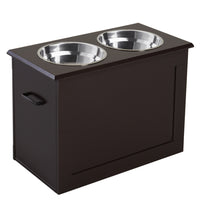 PawHut - Gamelles pour chien surélevées, distributeur de nourriture pour grands chiens avec rangement - café-Le support de gamelle pour chien est fabriqué en panneau MDF de qualité P2 et en acier inoxydable, très solide et résistant à la rouille. 
