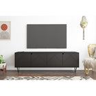 Nexera - Meuble audio-vidéo Slim, 72po, Noir-Personnalisez l'espace de rangement selon vos besoins grâce aux tablettes intérieures ajustables disponibles derrière les 4 portes en MDF avec finition laquée texturée à motifs géométriques