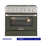 Kucht - 36 po Série KDF Cuisinière Pro Style au gaz propane - Acier inoxydable/Vert olive-La cuisinière à gaz à 6 brûleurs comprend un brûleur double de 20 000 BTU avec mode mijotage, un brûleur de 15 000 BTU, un brûleur de 12 000 BTU, deux brûleurs de 9 000 BTU et un brûleur de 6 000 BTU
