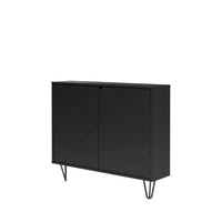 Nexera - Console de rangement 2 portes Slim, Noir-D'une faible profondeur, ce meuble, sublimé par ses pieds épingles, offre un espace de rangement discret sur deux étagères intérieures derrière ses doubles portes en MDF avec finition laquée texturée à motifs géométriques