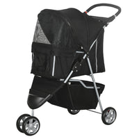 PawHut - Poussette pour animaux de luxe à 3 roues avec frein, auvent, porte-gobelets, noir-Conception légère et pliable pour faciliter le rangement et le transport 