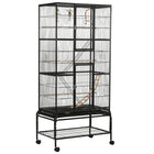PawHut - Cage à oiseaux grande 3 niveaux 71 po H, avec roues, perchoirs, rampe, étagère de rangement, jouets - noir-Espace de vie spacieux et espacement des barreaux de 1 cm, pour les pinsons, canaris, perruches, inséparables, calopsittes et plus encore 