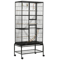 PawHut - Cage à oiseaux grande 3 niveaux 71 po H, avec roues, perchoirs, rampe, étagère de rangement, jouets - noir-Espace de vie spacieux et espacement des barreaux de 1 cm, pour les pinsons, canaris, perruches, inséparables, calopsittes et plus encore 