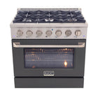 Kucht - 36 po Série KNG Cuisinière Pro Style au gaz propane - Acier inoxydable/Gris ciment-Cuisinière à gaz 6 brûleurs incluant un brûleur double de 20 000 BTU TrueSimmer, un brûleur de 15 000 BTU, un brûleur de 12 000 BTU, deux brûleurs de 9 000 BTU et un brûleur de 6 000 BTU pour un mijotage délicat