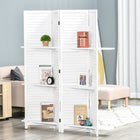 HOMCOM - Séparateur de pièce autoportant 4 panneaux avec étagère de présentation pour bureau à domicile - blanc-Peut bloquer la lumière du soleil grâce à des panneaux en bois opaques 
