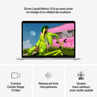 Apple - MacBook Air 13 po - M5 - 10 coeurs - 512 Go SSD - Mémoire unifiée 16 Go - Argent-Caméra Center Stage 12 MPX - Pendant vos appels vidéo, restez automatiquement au milieu de l’image avec Cadrage centré ou utilisez Vue du bureau pour partager un plan en plongée de votre espace de travail. Et profitez d’un son incroyable grâce à un réseau de trois micros et un système à quatre haut-parleurs avec Audio spatial et Dolby Atmos
