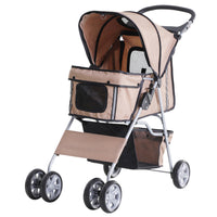 PawHut - Poussette pour chien à 4 roues, transporteur pliable pour chien et chat avec auvent pare-soleil, frein, laisse de sécurité, porte-gobelet, brun-Construction solide avec un cadre en acier et du tissu Oxford, rendant cette poussette robuste pour une utilisation durable 