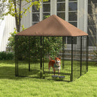 PawHut - Chenil pour chien d’extérieur 4,6 pi L x 4,6 pi l x 5 pi H avec auvent et gamelles rotatives-Petite porte avec bols attachés qui pivote pour faciliter et accélérer l’alimentation et l’hydratation du chiot 