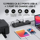 Huntkey - Parasurtenseur multiprise avec 12 prises et 3 ports USB (2 USB-A et 1 USB-C à charge rapide 20 W), cordon de 6 pi avec fiche plate - noir-Dispose d'une disposition unique avec 12 prises CA largement espacées, spécialement conçues pour accueillir des adaptateurs volumineux sans bloquer les prises voisines.