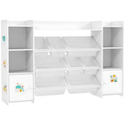 Qaba - Bibliothèque et organisateur de rangement pour jouets pour enfants, avec 8 bacs de rangement amovibles, étagères, 2 armoires - blanc-Combine une bibliothèque, des bacs à jouets et un placard pour un rangement polyvalent 